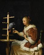 A Young Woman in a Red Jacket Feeding a Parrot Frans van Mieris